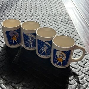 4 Morton Salt coffee mugs Vintage Style Blue and Yellow Ceramic Mugs